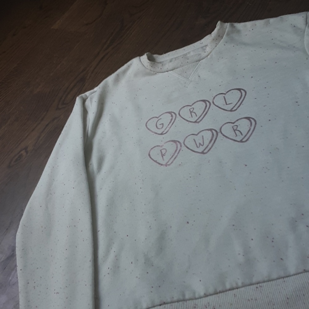 White Sweater GRL PWR candy hearts